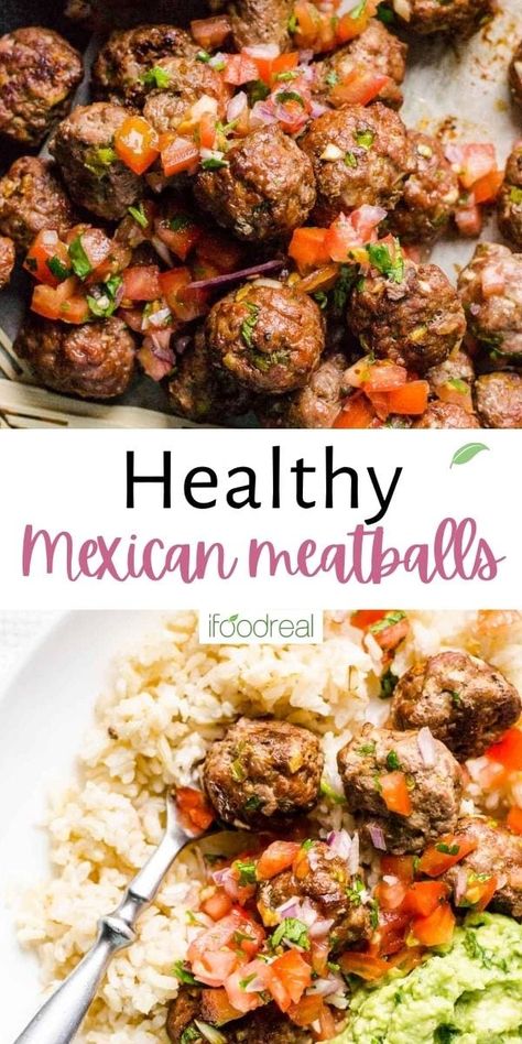 Juicy baked Mexican Meatballs are made with ground turkey and Tex Mex spices. Albondigas are easy to make in three simple steps and can be served as a healthy appetizer, in soup or as part of a main! Quick Clean Eating, Mexican Meatballs, Ground Turkey Meatballs, Healthy Turkey Recipes, Ground Turkey Tacos, Meatball Dinner, Healthy Mexican Recipes, Mexican Side Dishes, Turkey Meatball Recipe