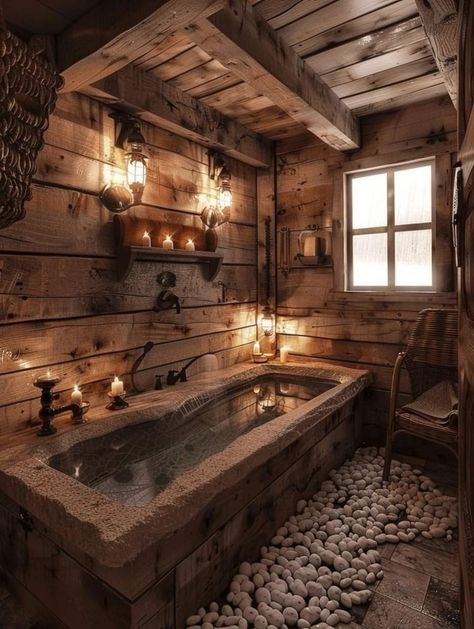 Country Rustic Bathroom Ideas, Outdoorsy Home, Small Cabin Bathroom, Log Bathroom, Dream Bathrooms Rustic, Romantic Bathtub, Bathroom Remodel Rustic, Log Home Bathrooms, Bedroom Gaming Setup