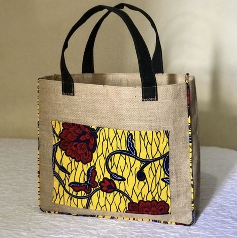 Jute bag Ankara blend to make it classy and unique Ankara Bags Handbags, Kitenge Bags, Ankara Tote Bag, Ankara Accessories, Jute Bags Design, Tot Bag, Ankara Bags, African Print Tops, African Skirts