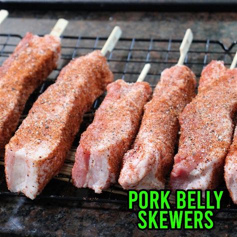 Pork Belly Skewers Pork Belly On A Stick, Pork Candy, Pork Belly Skewers, British Bacon, Bbq Kabobs, Easy Delicious Meals, Bacon Wrapped Sausages, Sausage Appetizers, Best Bbq Recipes