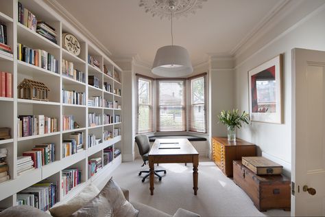 The Library House in Hobart, Tasmania, Australia, is just 3 minutes walk from cafes and restaurants. Formal Dining Room Turned Office, Dining Room Turned Office, Small Home Library Design, Small Home Libraries, Reading Room Design, Small Home Library, Home Library Office, Home Library Design Ideas, Design Casa Piccola