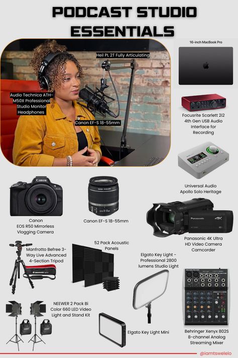 Podcast Studio Essentials: High-quality podcasting setup featuring a Canon EOS R50 Mirrorless Camera, Audio Technica ATH-M50X Headphones, Focusrite Scarlett 2i2 Audio Interface, Elgato Key Light, and more professional equipment. Small Podcast Setup, Small Podcast Studio, Garage Podcast Studio, Music Content Ideas, Diy Podcast Setup, Cozy Podcast Setup, One Person Podcast Setup, Podcast Table Ideas, Podcast Office Setup