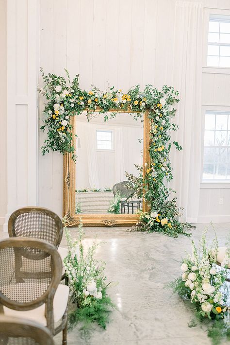 Modern French Country Wedding with Vintage Mirror Ceremony Decor and Flower Garlands Mirror For Wedding, Decorate Mirror, Decorating Mirror, Decorated Mirror, Mirror With Flowers, Poses Mirror, French Country Wedding, Decoration Mirror, Mirror Aesthetic