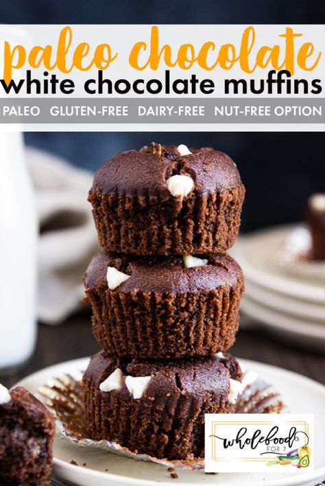 Chocolate Paleo Muffins - WholeFoodFor7 Paleo Chocolate Muffins, Gluten Free Chocolate Muffins, White Chocolate Muffins, Blueberry Lemon Scones, Paleo Muffins, Pumpkin Sugar Cookies, Moist Muffins, Lemon Scones, Paleo Desserts