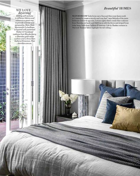 Our beautiful Surrey Hills main bedroom featured recently in @homebeautiful magazine. We loved designing this space using layered fabrics… | Instagram Warm Oak Floors, Hamptons Style Bedrooms, Hamptons Style Bedroom, Hamptons Design, Blue And Grey Bedding, Window Furnishings, Hamptons Home, Masculine Interior, Modern Hampton