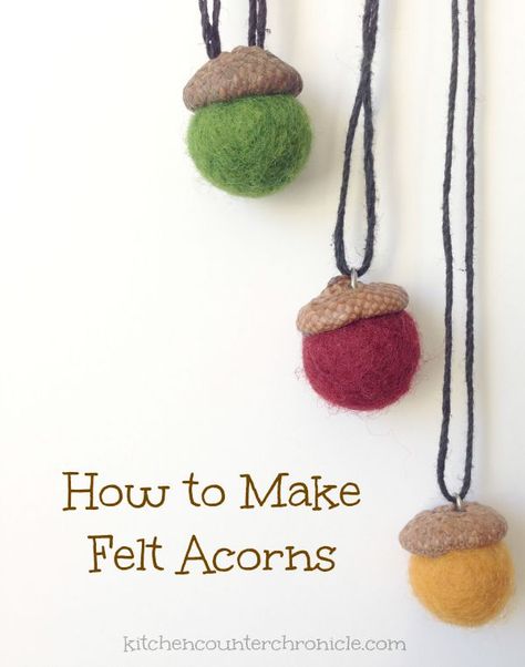 Collect a few acorn tops and follow this step by step tutorial to make a felt acorn. We share how to turn the acorns into sweet felt acorn necklaces...perfect fall accessory. Felt Acorns, Felt Ball Crafts, Felt Acorn, Toddlers Activities, Felted Acorns, Acorn Crafts, Acorn Necklace, Felt Jewelry, Needle Felting Projects