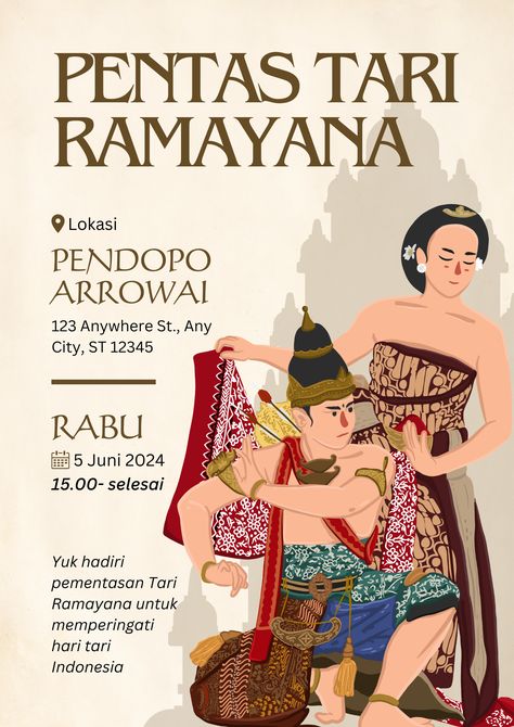 Saksikan keajaiban kisah Ramayana melalui poster ilustratif Pentas Tari Ramayana dengan sentuhan warna cokelat krem yang memukau. Mari hanyut dalam magisnya cerita epik ini! Poster Tari, Pentas Seni, Ancient Mythology, Kids Book, Dance Performance, Kids' Book, Book Illustration, Poster Design, Canvas