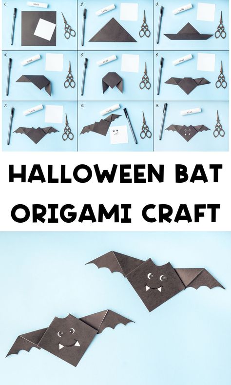 Bat Origami Halloween Craft for Kids - In The Playroom Paper Halloween Crafts For Kids, Halloween Origami Easy, Bat Activities For Kids, Bat Origami, Bat For Halloween, Bat Crafts, Origami Bat, Origami Pumpkin, Origami Halloween