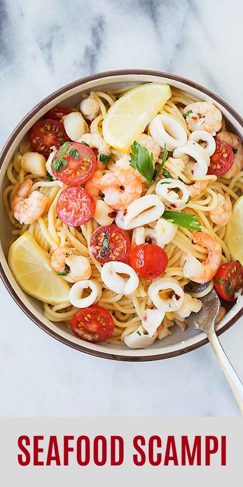 Seafood Scampi - seafood pasta with shrimp, squid and scallops in garlic lemon and butter sauce. So easy and delicious | rasamalaysia.com Shrimp And Calamari Pasta Recipes, Shrimp Calamari Recipe, Shrimp And Squid Recipes, Squid Pasta Recipe, Seafood Scampi Pasta, Seafood Scampi Recipe, Seafood Scampi, Seafood Casserole Recipes, Pasta With Lemon