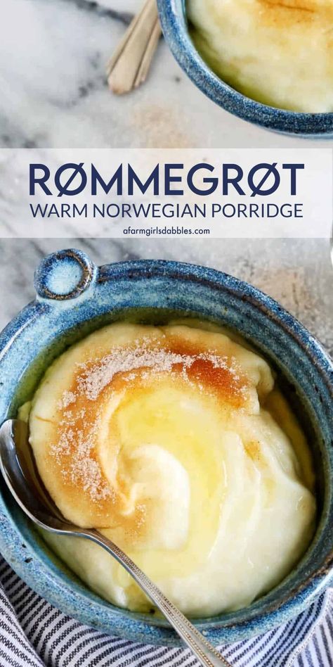 Rømmegrøt is a warmed Norwegian porridge, like a rich pudding, eaten with a drizzle of melted butter and a good sprinkling of cinnamon, a longtime family tradition! Danish Desserts Traditional, Thanksgiving Desserts For Two, Norwegian Pudding, Norwegian Porridge, Rommegrot Recipe, Colourful Recipes, Market Desserts, Norwegian Dishes, Norwegian Traditions