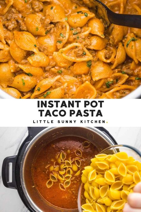 This Instant Pot taco pasta is perfect for an easy dinner to be made any day! It's mild, cheesy, creamy, and family-friendly. You can't go wrong with this taco pasta, everyone will ask for seconds! Instant Pot Taco Pasta, Cheesy Taco Pasta, Instant Pot Pasta, Instant Pot Pasta Recipe, Healthy Ground Beef, Taco Pasta, Cheesy Pasta, Best Instant Pot Recipe, Ground Beef Recipes For Dinner