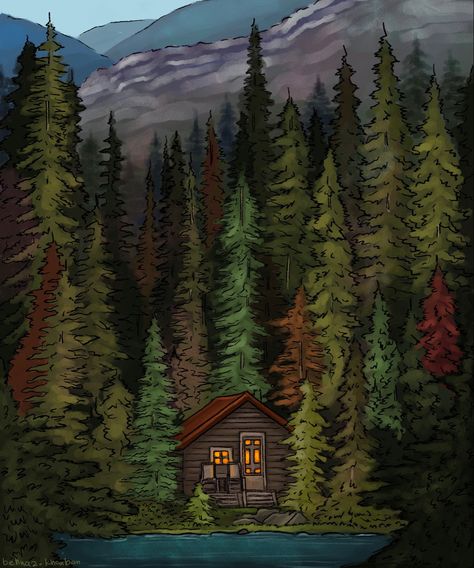 Cottage In The Woods Drawing, Log Cabin Sketch, Tree House Painting Ideas, Cabin In The Woods Concept Art, House In The Woods Painting, Abstract Forest Painting Acrylics, House In Forest Drawing, Cabin In Woods Painting, Forest House Drawing