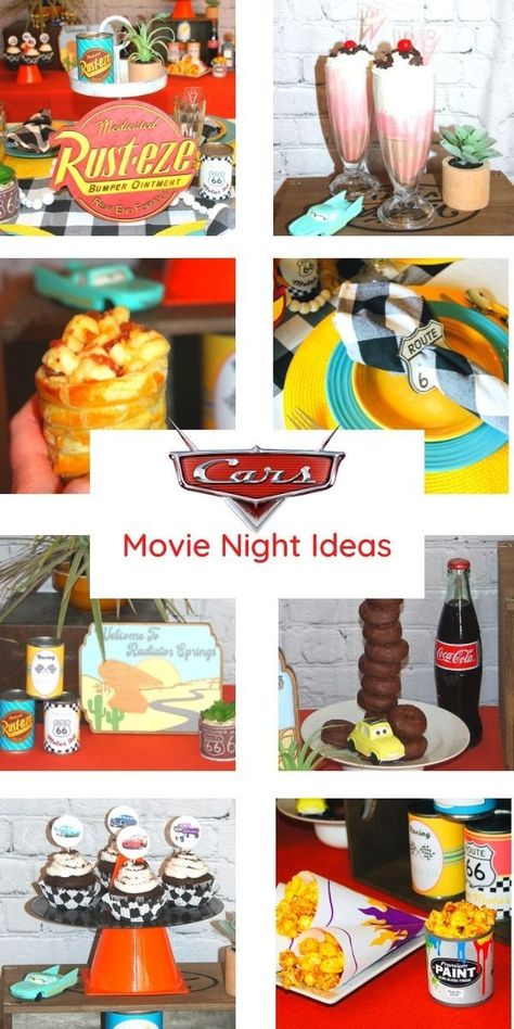 Disney Dinner And Movie Night Cars, Cars Dinner And Movie Night, Cars Movie Food Ideas, Cars Movie Night Dinner, Cars Movie Dinner Ideas, Cars Themed Movie Night, Cars Movie Night Food, Cars Dinner And A Movie, Movie Theme Night For Kids