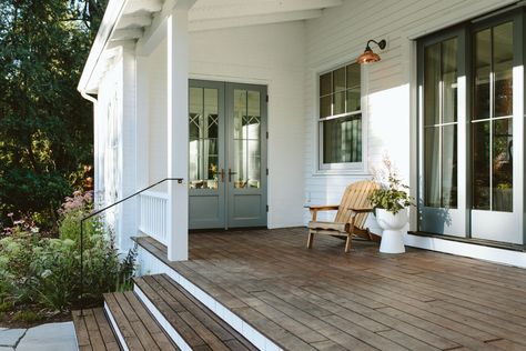 Our Farmhouse Back Porch Reveal – The "1st Summer" Edition! - Emily Henderson Off Center Front Door Porch Ideas, Pine Porch Ceiling, Back Porch Farmhouse, Cottage Back Porch, Front Porch Cozy, Backyard Porch Ideas, Porch Aesthetic, House With Front Porch, Covered Front Porch