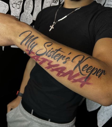 Sister Sleeve Tattoo, Brother From Another Mother Tattoo, My Sisters Keeper Tattoo Men, Tattoo For Your Brother, Matching Tattoo For Brothers, My Sister Keeper Tattoo, My Brother Keeper Tattoo, Sister Keeper Tattoo Ideas, My Sisters Protector Tattoo