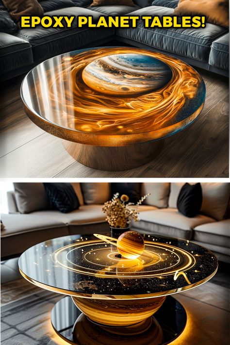 Cosmic Fusion: Immerse Your Space in Diverse Epoxy Planet Tables! 🌠✨ Explore the captivating artistry inspired by galaxies and planets, each table a unique celestial masterpiece. From vibrant swirls to cosmic landscapes, these epoxy creations bring the universe to your fingertips. Elevate your home decor with a touch of cosmic wonder and embrace the magic of celestial design. 🪐 #CelestialTables #EpoxyArtistry #HomeInspiration #GalacticDecor Unique House Furniture, Epoxy Resin Crafts Ideas, Epoxy Decor, Epoxy Resin Projects, Diy Resin Table, Resin Home Decor, Cosmic Design, Table Resin, Fantasy Furniture