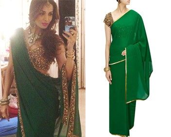 Malaika Arora Khan in Seema Khan #perniaspopupshop #shopnow #celebritycloset #designer #clothing #accessories Black Saree Blouse Designs, Dark Green Saree, Saree Golden, Green Sarees, Malaika Arora Khan, Saree Styling, Golden Blouse, Wedding Trousseau, Fiji Wedding