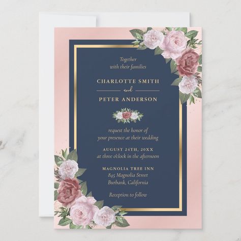 Custom Navy Blue Blush Pink Gold Floral Wedding Invitation Size: 5.5" x 7.5". Gender: unisex. Age Group: adult. Material: Matte. Blush And Rose Gold Wedding, Navy Blue Wedding Theme, Baby Pink Wedding, Blue And Blush Wedding, Vowel Renewal, Rose Gold Wedding Invitations, Mauve Wedding, Navy Blue Wedding Invitations, Wedding Invitation Size