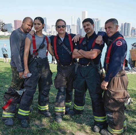 Joe Minoso, Miranda Rae Mayo, Christian Stolte, Yuri Sardarov, and David Eigenberg Otis Chicago Fire, Yuri Sardarov, Chicago Fire Cast, Joe Minoso, Miranda Rae Mayo, David Eigenberg, Miranda Rae, Chicago Crossover, Joe Cruz