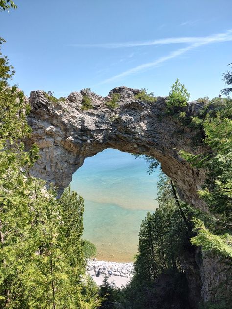 Arch Rock- Mackinac Island Michigan Aesthetic, Mountain Island, Island Aesthetic, Aesthetic Sea, Pine Island, Sea To Shining Sea, Mackinac Island, Wide World, Pure Michigan