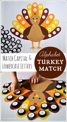 Alphabet Turkey Match Game for preschoolers. Match Capital and Lowercase letters. Free Printables included in the blog post. | From I Heart Crafty Things Thanksgiving Activities Preschool, November Ideas, Thanksgiving Lessons, Thanksgiving Games For Kids, Thanksgiving School, Thanksgiving Preschool, Match Game, Fall Tree, Fall Preschool