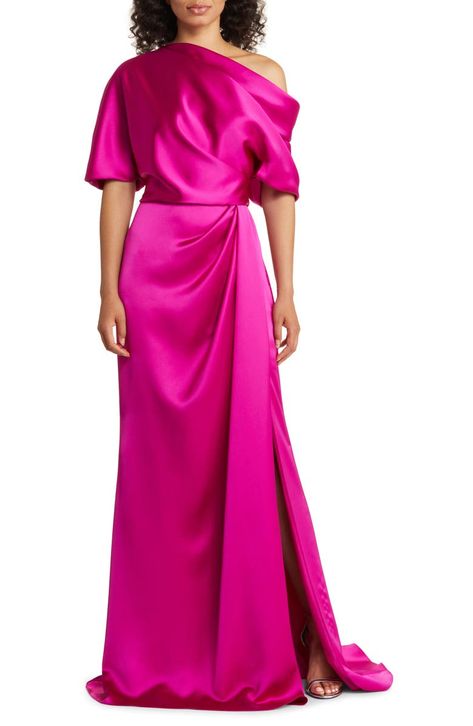 Fuchsia Evening Dress, Fuschia Mother Of The Bride Dresses, Fuschia Gown, Amsale Dress, Unique Bridesmaid Dresses, Fuschia Dress, Column Skirt, One Shoulder Gown, Mama Mia