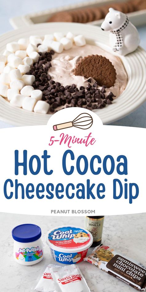 This easy no bake dessert is a perfect party dessert for Christmas or New Year's Eve. Light and fluffy, creamy chocolate dip is great with marshmallows and mini chocolate chips on top. Serve with crispy chocolate wafer cookies or nila wafers. New Year’s Eve Dessert Recipes, Hot Cocoa Cheesecake Dip, New Years Eve Treats For Kids, New Years Food Ideas For Kids, Nye Desserts For Kids, New Year’s Eve Appetizers Kids, Easy New Years Desserts, Winter Food Ideas Party, New Year’s Eve Snack Ideas