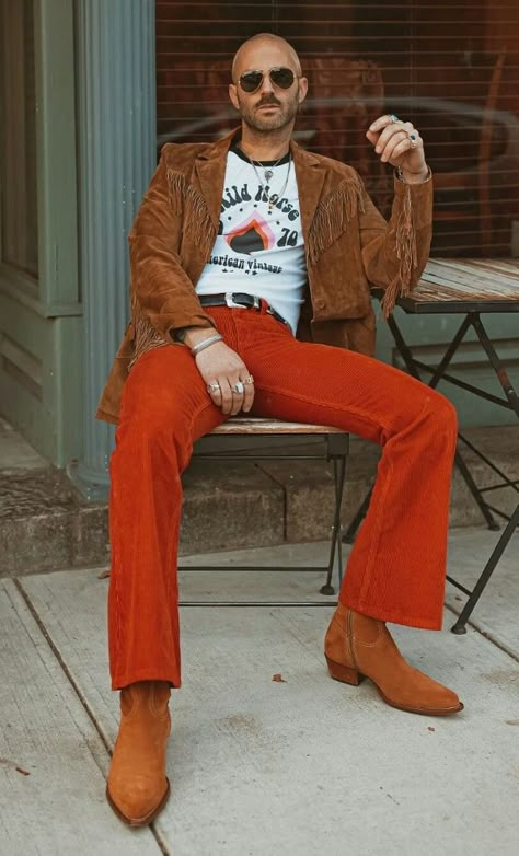 Mens Groovy Outfits, 70s Male Outfits Disco, 70s Outfit Men Disco, 70s Mod Fashion Men, Mens 70s Western Fashion, Groovy Mens Fashion, 70s Mens Fashion Aesthetic, Disco Mens Outfit, 70s Leather Jacket Outfit Men