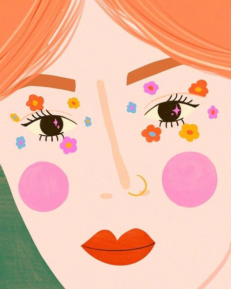 Fun & bright earrings! on Instagram: “🌸💕🌼💋 Photo by @florfu” Eyes Illustration, Flower Eyes, Girl Flower, Abstract Faces, Draw Something, Vintage Cartoon, Eye Art, Wall Art Canvas Prints, Water Based Ink