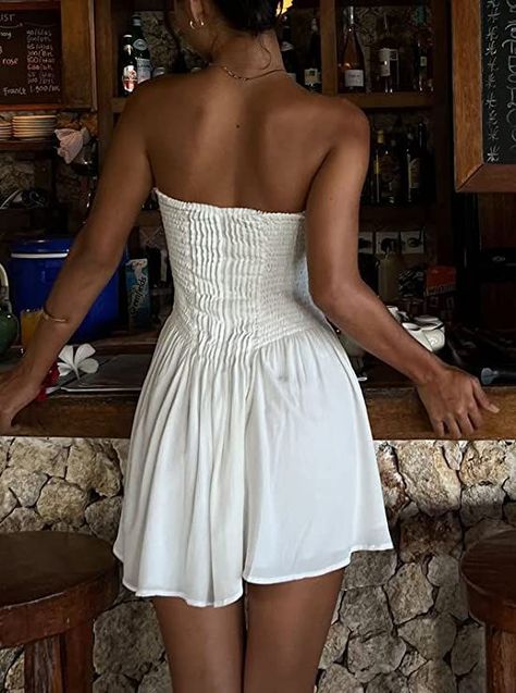 Strapless Sundress Short, Beach Party Dress Night, Cotton Strapless Mini Dress For The Beach, Beach Strapless Mini Dress Lined, Beach Mini Strapless Lined Dress, White Tube Top Dress, Cotton Off-shoulder Mini Dress For The Beach, White Off-shoulder Beach Mini Dress, Party Short Dress