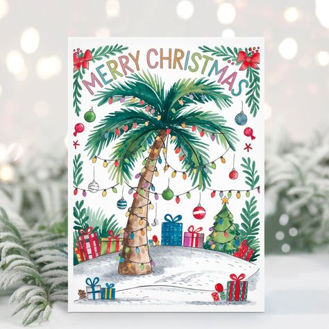 Watercolor Palm Tree Chistmas Card Flamingo Christmas Cards, Palm Tree Christmas Trees, Tropical Christmas Card, Miami Christmas, Minted Christmas Cards, Tropical Christmas Decorations, Tropical Christmas Cards, Classic Christmas Cards, Christmas Palm Tree