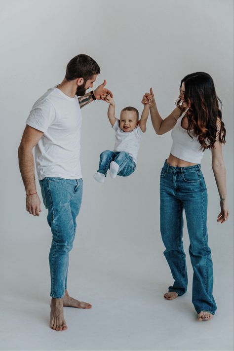 3 Family Photo Shoot Studio, Mommy And Me Photo Shoot White Shirt And Jeans, Family White Shirt And Jeans Photoshoot, White And Jean Family Photoshoot, Family Photoshoot Birthday, Studio Family Of 3 Photo Ideas, Family Photoshoot Outfits Studio, White T Shirt Family Photoshoot, February Family Photos