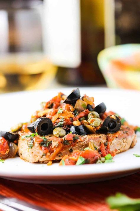 Mediterranean Tuna Steaks on a white plate Tuna Steak Marinade, Fresh Tuna Recipes, How To Cook Tuna, Mediterranean Tuna, Tuna Steak Recipes, Tuna Steak, Fresh Tuna, Basil Sauce, Tuna Steaks