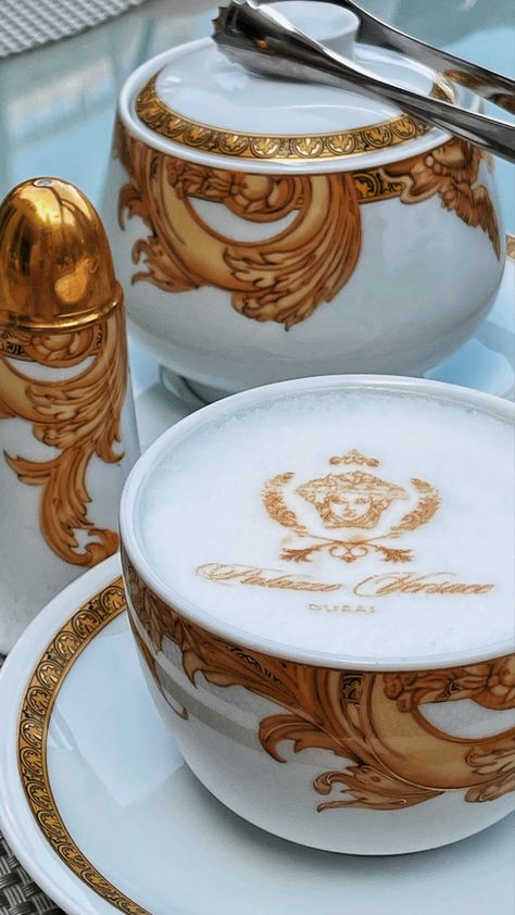 @versaceofficial #style #posh #luxury #versace #coffeeaddict #coffee #morning Versace Hotel Dubai, Versace Hotel, Luxury Cafe, Pasta Making Class, Vintage Tea Parties, Expensive Coffee, Coffee Aesthetics, Billionaire Lifestyle Luxury Living, Dubai Aesthetic