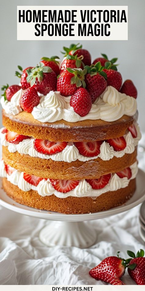 Achieve light and fluffy perfection with our Victoria Sponge Cake recipe, filled with fresh cream and sweet strawberry jam. Strawberry Victoria Sponge Cake, Strawberries And Cream Sponge Cake, Layered Sponge Cake Recipe, Victoria Sponge Birthday Cake, Sponge Cake Decoration Ideas, Victoria Sponge Cake Decoration, Victorian Sponge Cake Recipe, Strawberry Sponge Cake Recipe, Victorian Sponge Cake