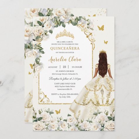 Champagne Gold Dress, Quince Decor, Quinceanera Planning, Roses Dress, Quinceanera Ideas, Ivory Roses, Dress Princess, Unique Invitations, Formal Invitation