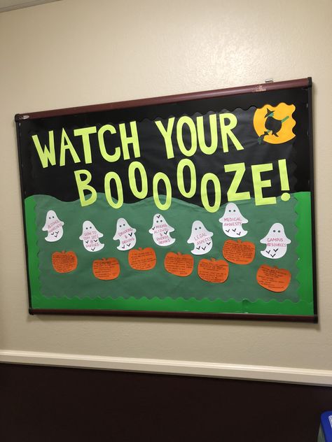 Watch Your Booze Bulletin Board, Safe Drinking Ra Bulletin Board, Alcohol Ra Board, Alcohol Safety Bulletin Board, Ra Alcohol Bulletin Boards, Fall Ra Bulletin Board Ideas, Alcohol Awareness Bulletin Board, October Ra Bulletin Boards, Alcohol Bulletin Board