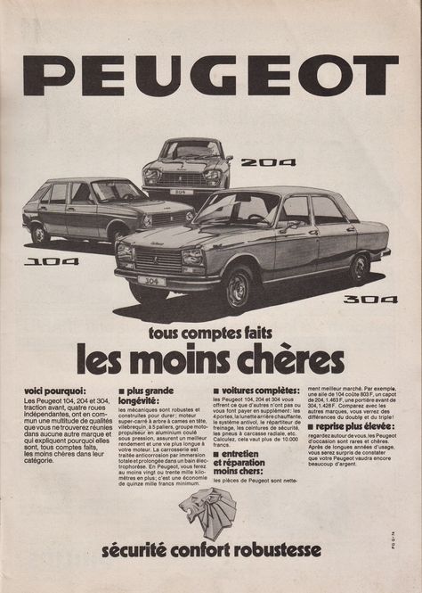 Peugeot 104-204-304 sept. 1974 Car Ads, Peugeot, Cars, Vehicles, Drawings