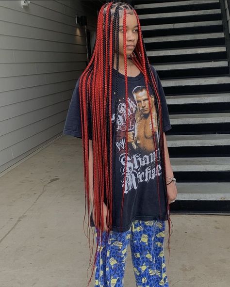 When your stylist hands are undefeated 🔥 Blessed Hands: @Thebratzpalace_inc #redbraids #Kneelengthbraids #knotlessbraids #redboxbraids Long Knee Length Knotless Braids, Red Medium Boho Knotless Braids, Knotless Box Braids Knee Length, Black And Red Knotless Braids, Black And Red Box Braids, Red And Black Knotless Braids, Red Knotless Box Braids, Red And Black Box Braids, Red Knotless