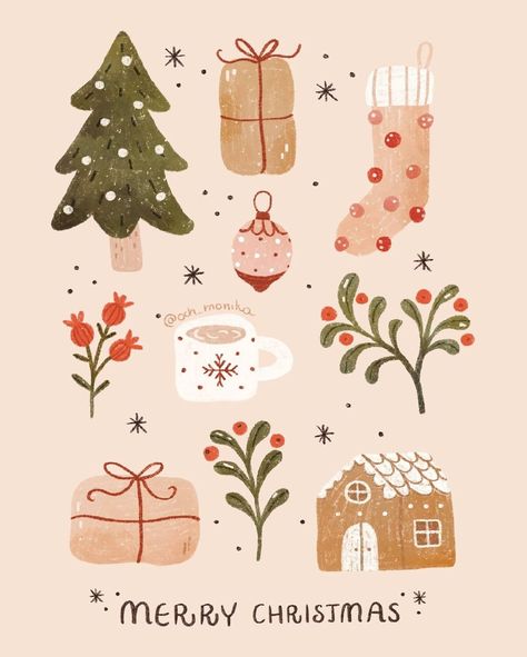 Neutral Christmas Illustration, Sabrinacore Aesthetic, Xmas Cards Illustration, Modern Christmas Illustration, Christmas Card Aesthetic, Christmas Aesthetic Art, Aesthetic Christmas Cards, Christmas Cards Illustration, Bauble Painting