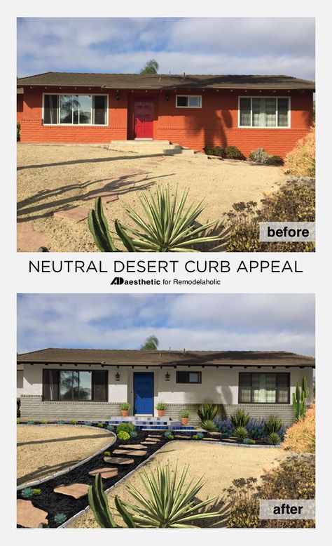 Southwestern stucco doesn't have to be "adobe orange" -- get some neutral desert curb appeal inspiration and ideas with this beautiful virtual makeover by AD Aesthetic on Remodelaholic.com Mid Century Modern Curb Appeal, Colonial Porch, Ad Aesthetic, Southwest House, Private Idaho, Ranch Houses, Desert House, Porch Makeover, Home Exterior Makeover