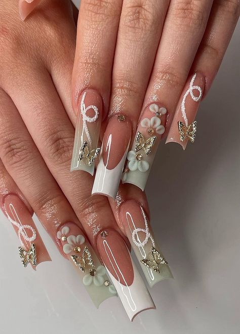 Green Nails French, Nails Sage Green, Sage Green Nails, Sweet 16 Nails, Quinceanera Nails, Colored Acrylic Nails, Girly Acrylic Nails, Long Acrylic Nails Coffin, Acrylic Nails Coffin Pink