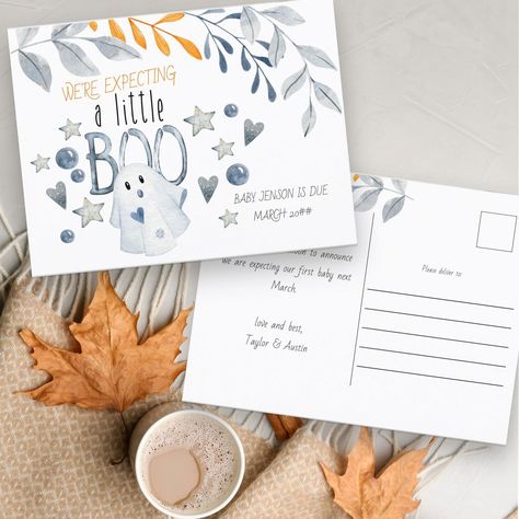 Expecting a Little Boo Cute Halloween Pregnancy Announcement Postcard Were Expecting Announcements, Expecting Announcement, Holiday Pregnancy Announcement, Halloween Pregnancy Announcement, Pregnancy Announcement Cards, Gender Neutral Colors, Pregnant Halloween, Color Pallete, Autumn Foliage