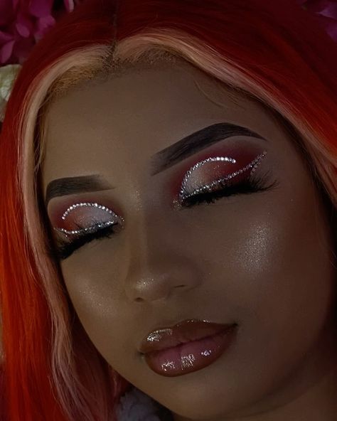 Red Glitter Makeup Looks, Red Cut Crease Eyeshadow, Fire And Ice Makeup, Simple Rhinestone Makeup, November Makeup, Flame Makeup, Leo Photoshoot, Flamingo Makeup, Gold Cut Crease