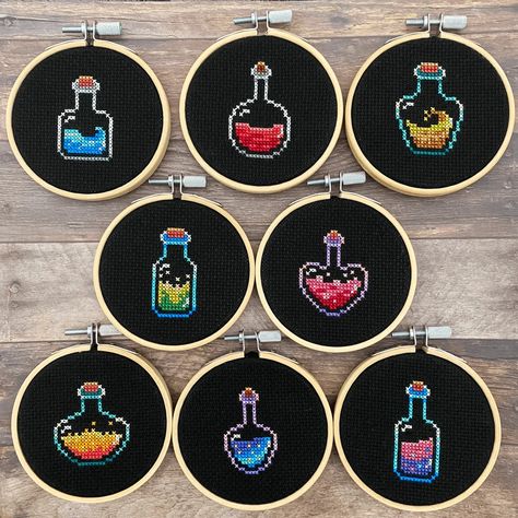 Magic Potion Cross Stitch Pattern Set Mini Cross Stitch - Etsy Canada Potion Cross Stitch Pattern, Artsy Cross Stitch, Embroidery Dragon Pattern, Cross Stitch Patterns Mini, Cross Stitch On Black Fabric, Black Aida Cross Stitch, Mini Halloween Cross Stitch, Cross Stiches Ideas Easy, Tiny Cross Stitch Patterns Minis