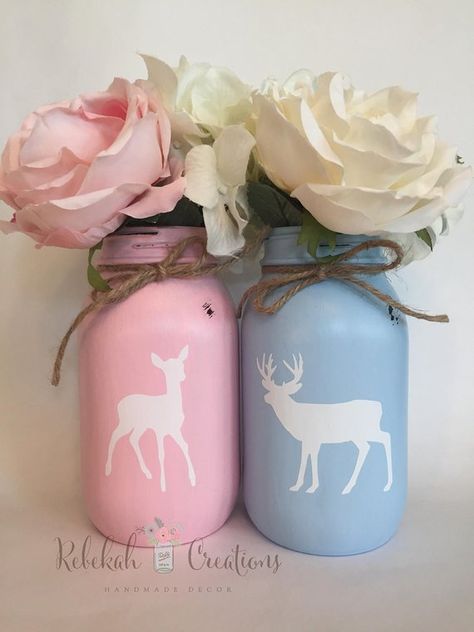 Baby Reveal Party Decorations, Country Gender Reveal, Buck Or Doe Gender Reveal, Baby Shower Camo, Diy Mason Jars, Christmas Gender Reveal, Creative Gender Reveals, Stag And Doe, Twine Bow