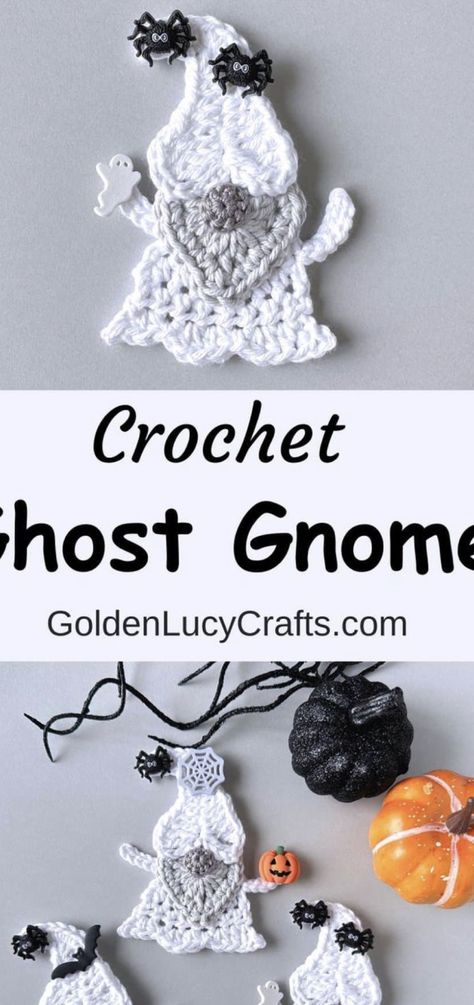 Crochet Halloween Ghost Gnome (Free Pattern) Gnome Free Pattern, Ghost Gnome, Crochet Ghost, Crochet Bat, Halloween Dog Bandana, Yarn Ideas, Crochet Pattern Instructions, Holiday Knits, Crochet Halloween