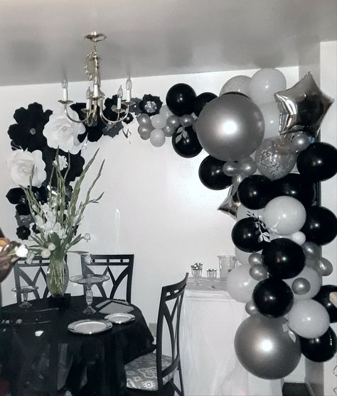 Paper flower background, table, and balloon deco were black, white, grey. and silver Black White And Grey Birthday Decorations, Black And Grey Themed Birthday Party, Black And Grey Birthday Decorations, Black And White School Dance Decorations, Black And White Prom Decorations, Black And Grey Birthday Party Decor, Black White And Silver Birthday Theme, Birthday Party Black And Silver, Grey Party Theme