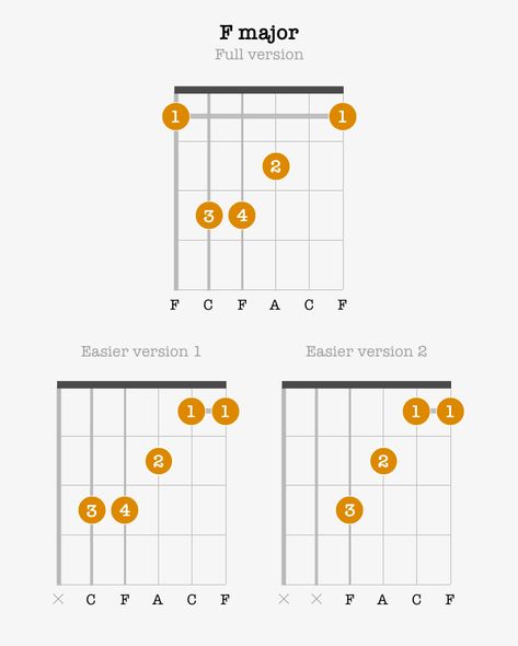 Learn to play dreaded F major barre chord on a guitar. Start with easier versions and progress to play a full barre F chord. F Major Guitar Chord, F Chord Guitar, Major Chords Guitar, Chords For Beginners, Barre Chords, Guitar Lessons Songs, Guitar Tabs Songs, Lyrics And Chords, Ukulele Chords