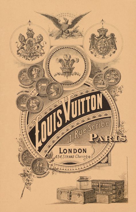 19th century poster advertising Louis Vuitton's flagship at 1 Rue Scribe and its London location on Charing Cross Rd. Typography Reference, Etiquette Vintage, Travel Ads, Production Design, Poster Ads, Old Ads, Vintage Poster Art, Vintage Typography, Vintage Louis Vuitton